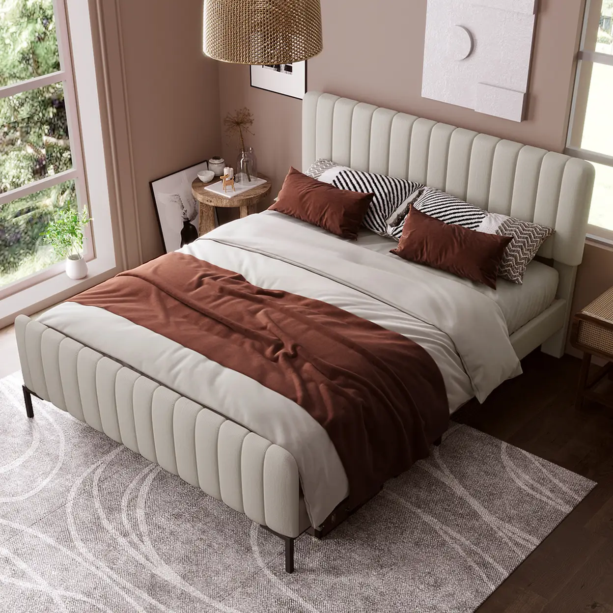 Polsterbett Doppelbett 180 x 200 cm, Bettgestell mit Lattenrost und Verstellbares Kopfteil, Gepolstertes bett in Grau-Beige,Bettrahmen Jugendbett für Schlafzimmer Gästezimmer-Leinenmaterial image 0