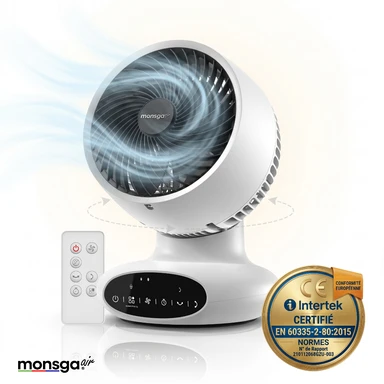 Circulateur d’air Monsga AC100, 25dB silencieux, oscillation double 90°+90°, 5 vitesses, minuterie multiple, mode sommeil, ventilateur compact intérieur
