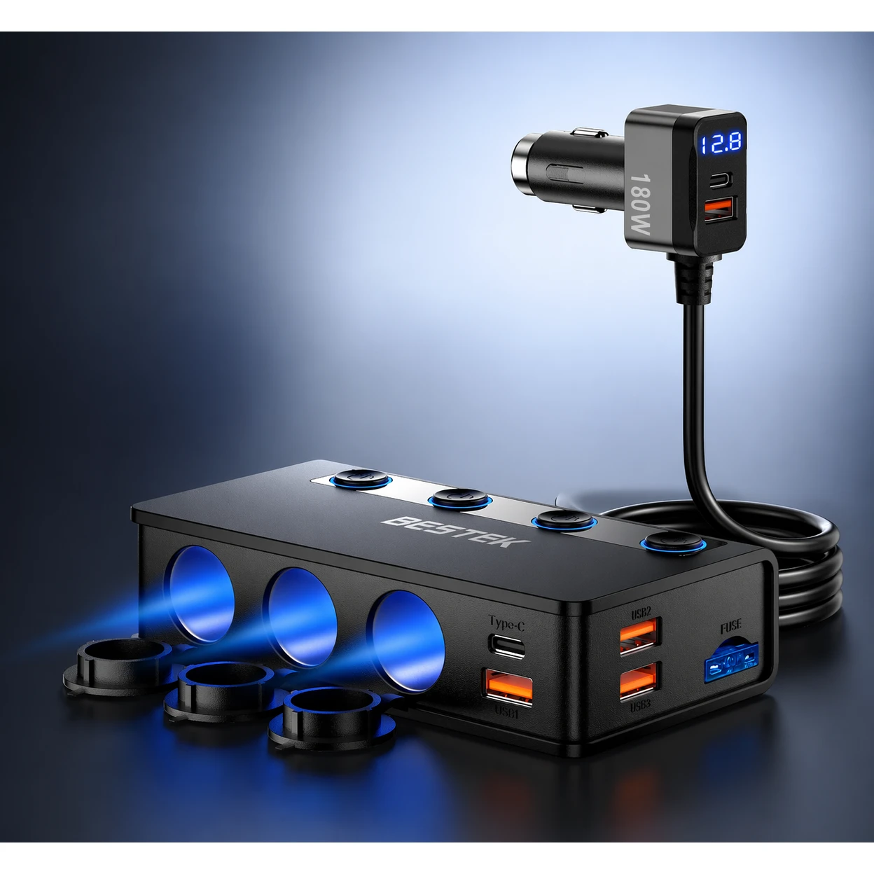 BESTEK Zigarettenanzünder-Verteiler 9-in-1 180 W für Schulanfang & Semesterstart, Autoladegerät mit 65 W PD & 4 QC3.0-Anschlüssen, USB-C-Adapter mit LED für iPhone, Dashcam, iPad & GPS | Autoelektronik-Zubehör