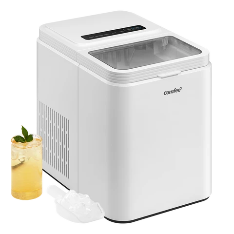 COMFEE' RCI12WH1UK(E) Countertop Ice Maker, 12kg in 24H, 8 Ice Bullets in 6-9 minutes, 2 Bullet Ice Sizes, Self-Cleaning Ice Machine with Ice Scoop & Basket, Suitable for Home/Kitchen/Office/Party