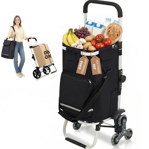 Chariot De Course 60L Avec Système à 3 Roues Pour Monter Les Escaliers, Chariot Pour Le Camping Et Les Courses Avec Poignée Réglable En Hauteur, Chariot 3-En-1 En Aluminium, Incluant Un Compartiment Réfrigéré Et Un Porte-Gobelet