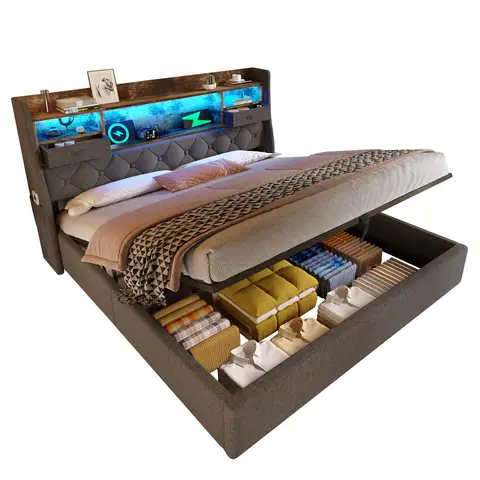 Polsterbett 180x200 cm mit Hydraulischem Stauraum & LED-Kopfteil, 4 Ladestation (USB/Type-C), Doppelbett Inkl. Lattenrost, Grauer Leinenstoff (Ohne Matratze) -1