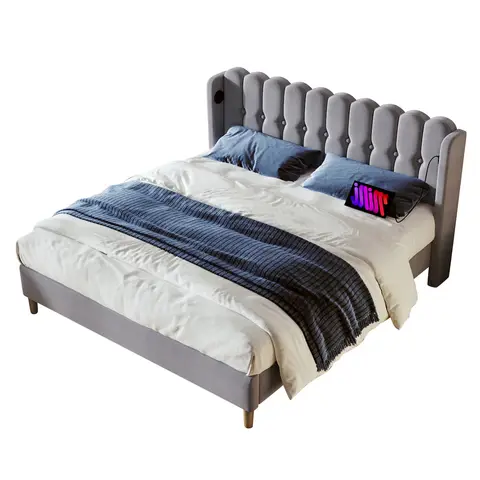 Polsterbett Doppelbett mit USB Typ C Ladefunktion, Bettgestell mit Lattenrost , Gepolstertes bett in Grau,180 x 200 cm Bettrahmen Jugendbett für Schlafzimmer Gästezimmer-Leinenmaterial -1