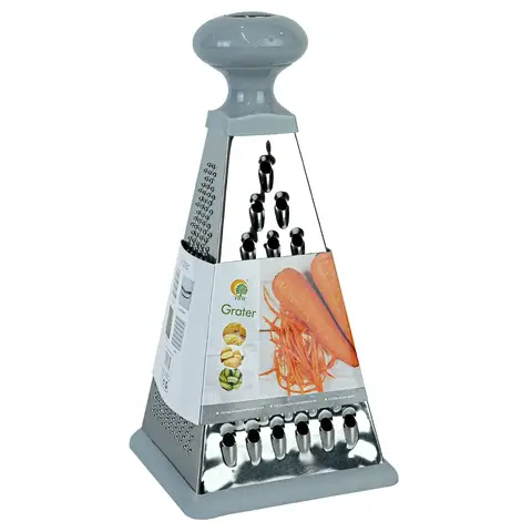 Stainless Steel Pyramid Grater, 4-in-1 Multi-Sided Grater for Shredding, Slicing, Grating and Zesting, with Non-Slip Base and Comfort Grip Handle