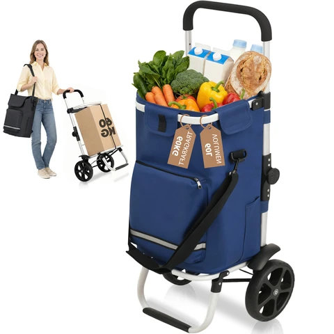 Chariot De Courses Pliable Avec Compartiment Isotherme, Chariot 3-En-1 (Chariot De Manutention Et Sac à Bandoulière), Chariot De Courses, Chariot De Courses 60 L Et Sangle De Fixation, Chariot De Courses à Roulettes, Chariot Pliable, Courses, Chariot Portable