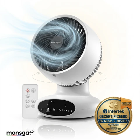 Monsga AC100 luchtcirculator, 25dB ultra stil, 90°+90° dubbele oscillatie, 5 snelheden, meerdere timers, slaapstand, draagbare ventilator voor slaapkamer, kantoor en keuken