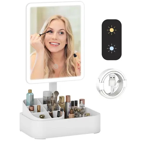 HOMCOM Schminkspiegel mit Beleuchtung 22x13,8 cm wiederaufladbar 180°Drehbar LED Kosmetikspiegel mit Aufbewahrungsbox, 2 Beleuchtungsmodi Touchschalter, dimmbar, abnehmbar, Weiß