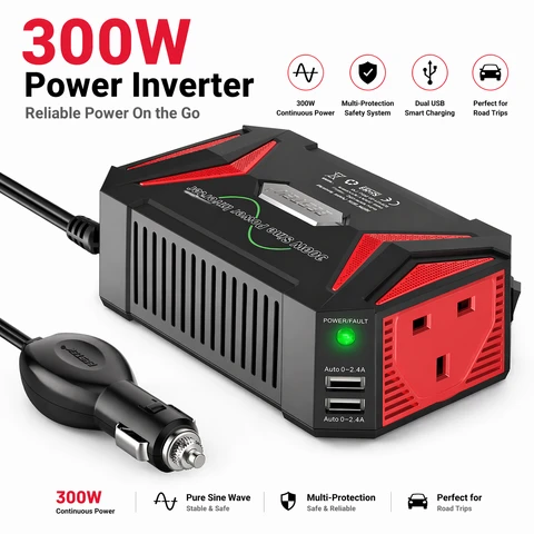 【£20 Off With Coupon】BESTEK 300W Pure Sine Wave Car Inverter 12V to 230V/240V with Dual 4.8A USB Ports Portable Power Adapter for Vehicle Travel Outdoor Use