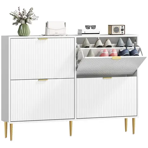 HOMCOM Narrow Shoe Cabinet with Flip Drawers, Modern Slim Shoe Storage Cabinet 105W x 24D x 91.5H cm White