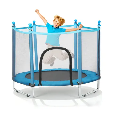 Kinder Trampolin 117cm mit Sicherheitsnetz, Indoor Outdoor Hüpftrampolin für Kleinkinder, Stabiler Rahmen & Sicherer Sprungmatte, Blau