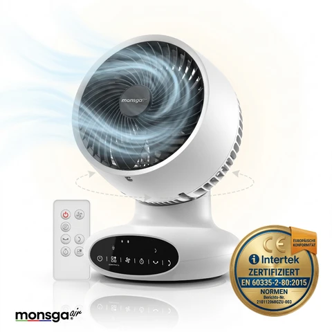 Monsga AC100 Luftzirkulator, 25dB extrem leise, 90°+90° Doppeloszillation, 5 Geschwindigkeiten, Mehrfach-Timer, Schlafmodus, kompakter Ventilator für Haushalt