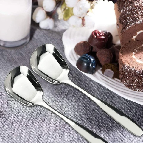 Huacan stainless steel spoon square flat bottomed ice cream spoon 6pcs