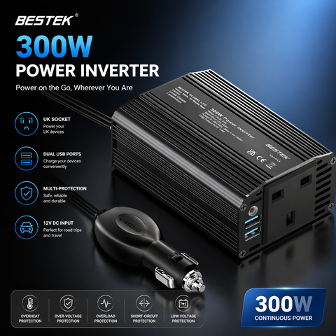 BESTEK 300W Car Power Inverter 12V to 230V/240V Transformer with 3-Pin Plug & Dual USB Ports Portable Vehicle Charger (Black)