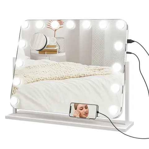 HOMCOM Hollywood Spiegel mit Beleuchtung 62,5x52 cm 360°Drehbar Schminkspiegel mit 15 LED Licht 3 Lichtfarben USB-Ladeanschluss Handyhalterung Touchschalter, Kosmetikspiegel 10X Vergrößerung Weiß